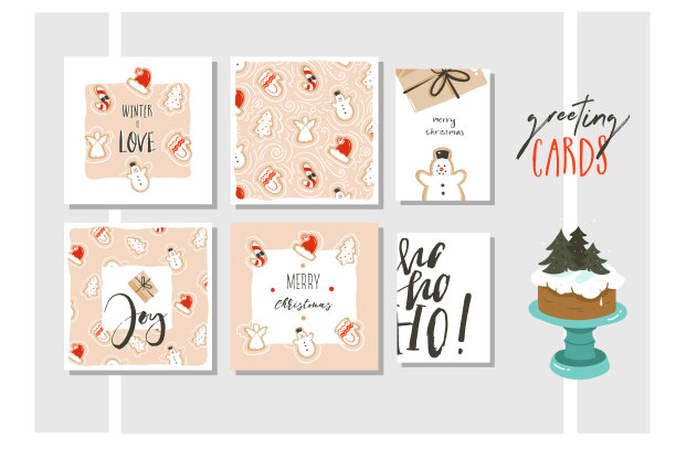 手绘矢量抽象有趣的圣诞快乐和新年快乐时间卡通插图贺卡集合与圣诞姜饼饼干和引用孤立的彩色背景图片下载