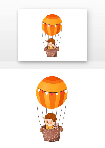 黄橙色卡通男孩指着天空和小熊坐热气球图片下载