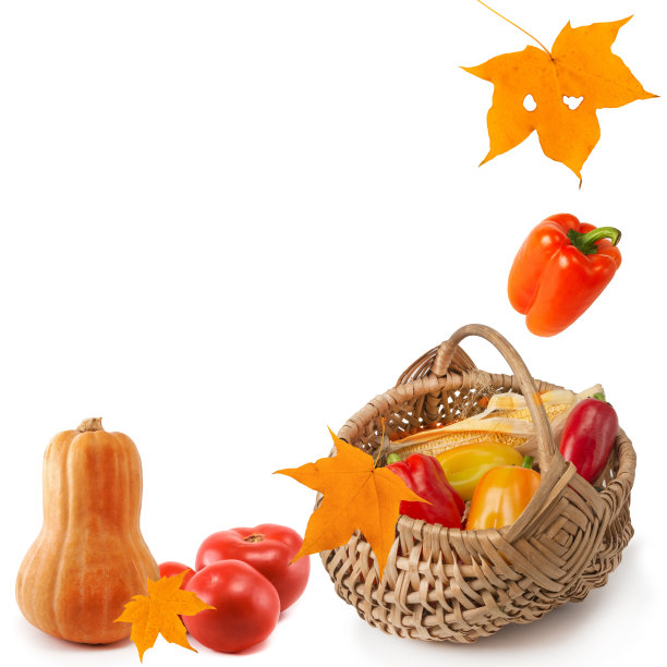 秋天的背景与新鲜的蔬菜在柳条篮子和枫叶在白色的背景。孤立的图片下载