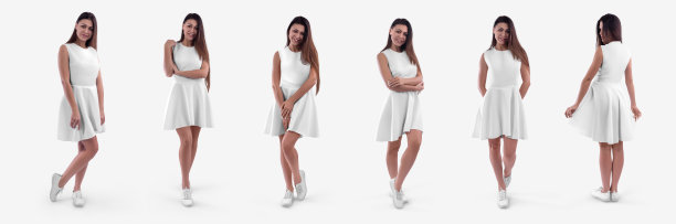 白色连衣裙与波浪裙在一个黑发女孩在鹿皮鞋，孤立的背景，前面，后面的观点。集图片下载