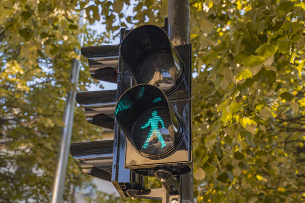 位于城市边界内的黑色交通灯在橙色秋叶的背景下，为行人过街处的交通显示绿色的允许信号。流量管理工具。图片下载