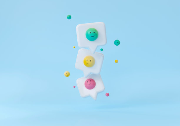 反馈概念与笑脸在聊天泡泡上从不好的底部通过中性到顶部优秀的用户体验，蓝色背景，3D渲染插图图片下载