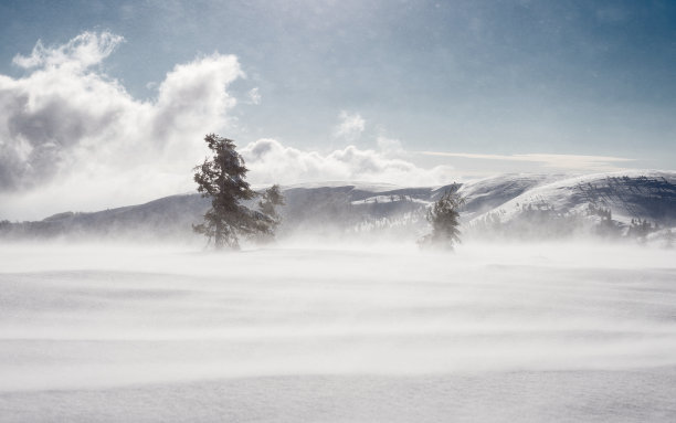 冬天的山地景观。暴风雪。图片下载