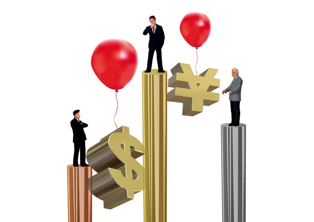 红色气球上悬挂着商人看着不断升值的美元和日元的3D插图图片下载