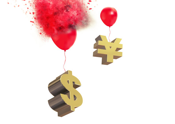 红色气球上悬挂着美元和日元升值的3D插图图片下载