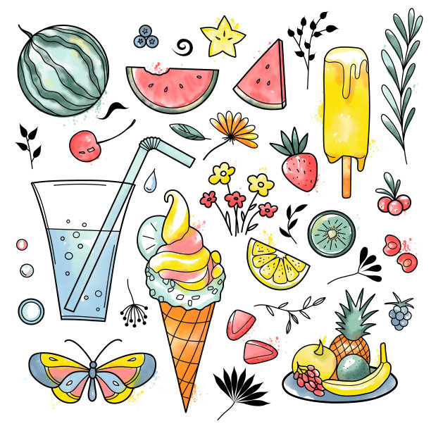水彩画一套夏天的糖果和素材图片