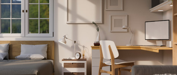 最小的舒适卧室，工作空间室内设计的木材和白色风格图片下载