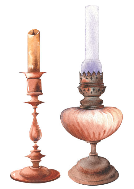 复古的油灯和烛台。孤立在白色背景。图片下载