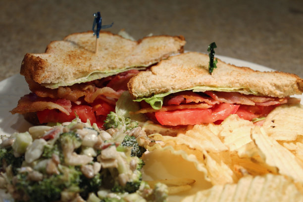 免版税照片-最佳菜单和食品背景网站，食品博客，或广告艺术图像-特写美味培根生菜和番茄三明治小麦吐司-豪华BLT提供西兰花沙拉和薯片的一面-每日特色菜图片下载