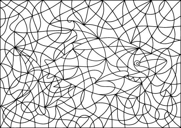 黑白插图彩色玻璃风格与抽象鲨鱼。图片着色书和着色页。图片下载