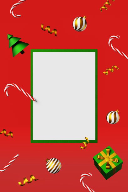圣诞贺卡模拟杉树球糖果手杖礼盒彩带蝴蝶结3d渲染。单板模板红色背景。图片下载