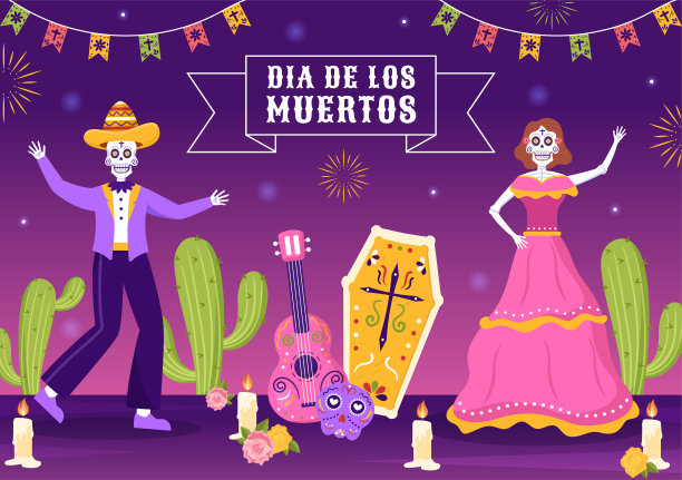 Dia De Los Muertos或死亡的日子模板手绘卡通平面插图墨西哥节日纹身头骨，马拉卡斯和宽边帽图片下载