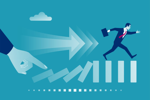 企业危机的概念。手推多米诺骨牌，商人逃离落地效应。图片下载