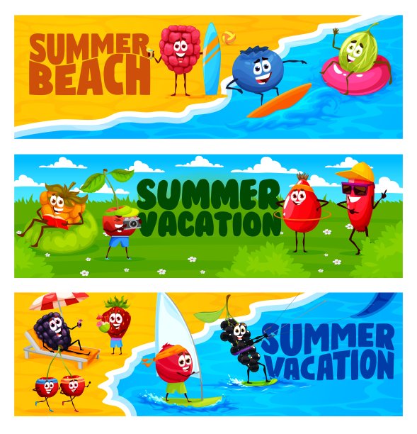暑假海滩上的卡通浆果人物图片下载