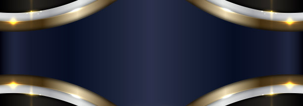 横幅网抽象优雅的蓝色，白色，金色金属曲线层上的黑色背景图片下载
