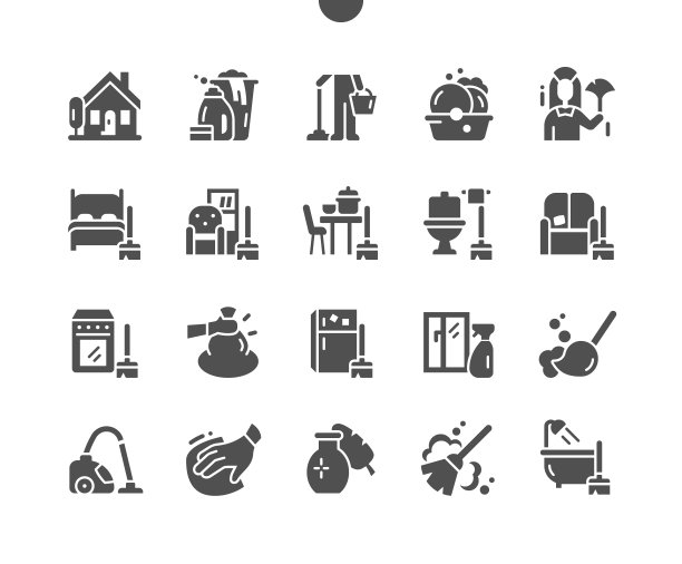 打扫屋子。扫描。垃圾袋。清洁服务。清洁窗户。矢量图标。简单的象形图图片下载