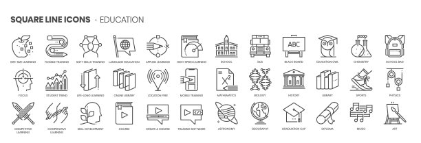 教育相关，像素完美，可编辑的笔画，向上可缩放的方形线矢量图标集。图片下载