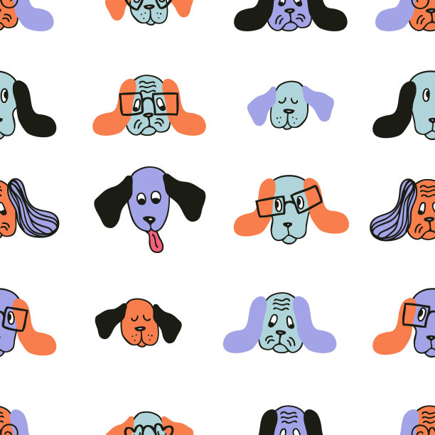 手绘巴吉度猎犬狗无缝图案。动物涂鸦打印t恤，纺织品和织物。可爱的矢量插图装饰和设计。图片下载