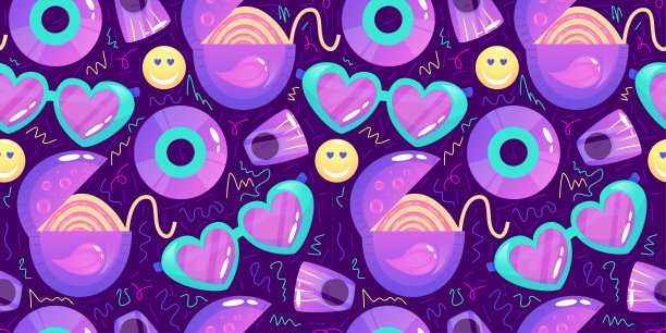 复古风格的90年代无缝图案。卡通1990风格矢量插图。设计时髦的向量。霓虹灯的颜色。无缝图案与口香糖，磁盘和眼镜。图片下载