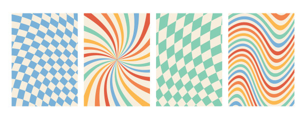 Groovy彩虹背景。棋盘，网格，波浪，漩涡，旋转图案。扭曲和扭曲的矢量纹理在一个时髦的复古迷幻风格。70年代嬉皮士的美学。图片下载