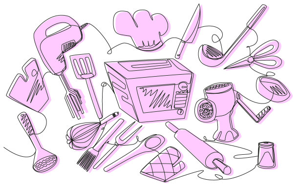 厨房电器单线与一个粉红色的剪影在一个白色隔离。图片下载