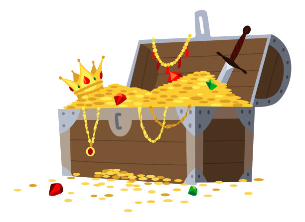 箱子里装满了金币，珠宝和宝石。概念，电脑游戏的艺术。卡通海盗宝库矢量场景图片下载