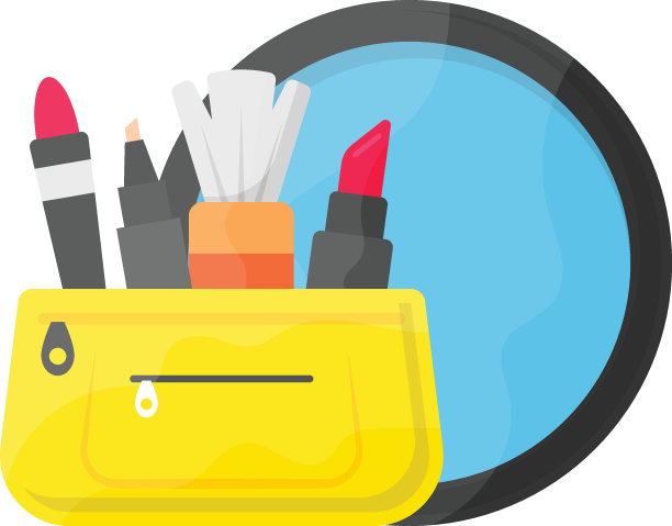 便携式个人美容袋矢量图标设计，魅力和美容符号，高级定制标志，时装表演和展览库存插图，化妆套件与镜子的概念图片下载