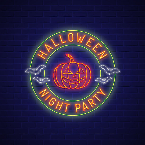 万圣节派对不给糖就捣蛋的南瓜和蝙蝠霓虹灯横幅标志图片下载