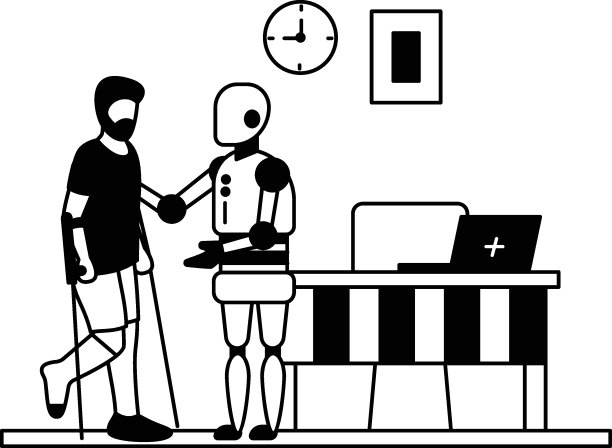 机器人物理治疗师帮助人们中风后再次行走概念矢量图标设计，机器人医学符号，医疗保健场景标志，创新人工智能工程在现代诊所图片下载