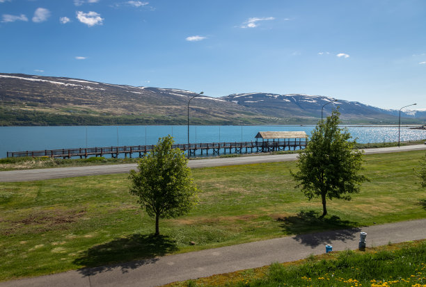 在冰岛阿库雷里一个美丽的夏日早晨，美丽的山丘上有面粉和花园图片下载