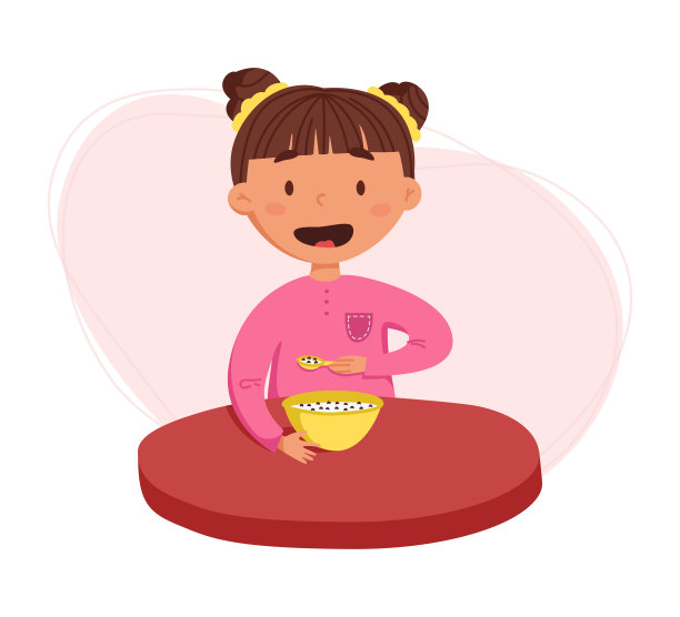 儿童日常的矢量插图。可爱开朗的女孩吃早餐。适合儿童用品图片下载