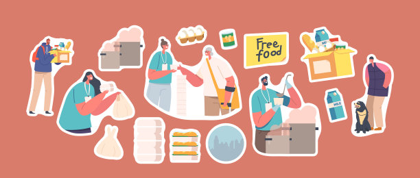 一套贴纸穷人得到食物在庇护所，志愿者分发免费餐帮助流浪汉，难民，乞丐图片下载