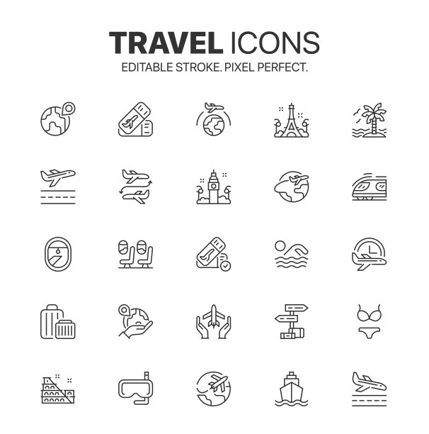 旅行图标。可编辑的笔画时间旅行和旅行剪贴画。采购产品飞机，世界，地球仪，地图，手提箱和旅行标志集图片下载