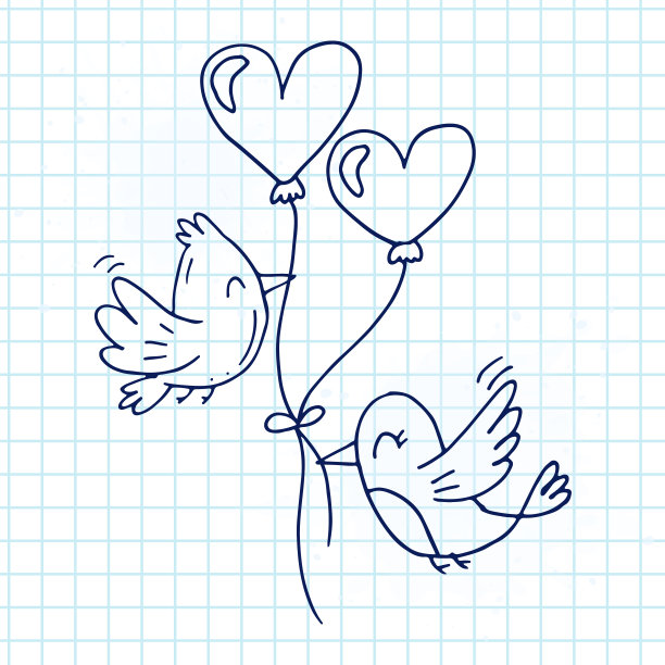 一套可爱的手绘涂鸦元素关于爱。应用程序的信息贴纸。情人节、浪漫事件和婚礼的图标。一段曲折的笔记本。一对情侣带着气球飞翔。图片下载