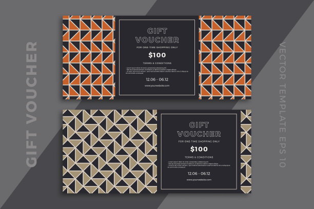 现代折扣券或证书与艺术几何马赛克模型。优雅的礼品卡模板与几何图案在黑暗的背景。简单的矢量编辑背景样本文本图片下载