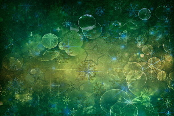 抽象的假日散景，圆圈，星星形状和黑色背景上的雪花。图片下载