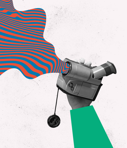 当代艺术拼贴。彩色图像的复古摄像机在人的手孤立在白色背景。图片下载