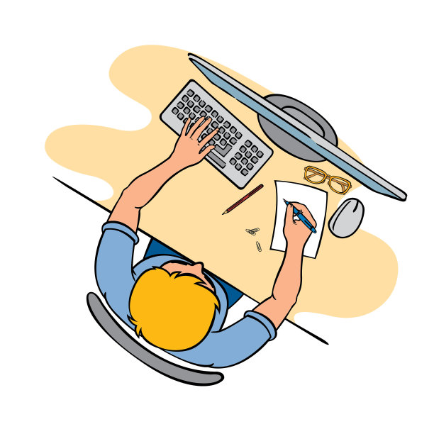 年轻人在办公桌上用电脑工作。矢量插图。图片下载