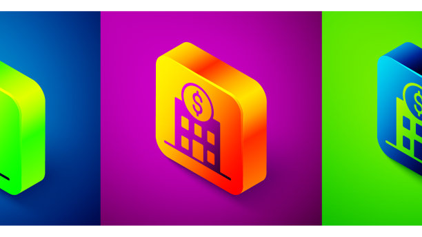 等距银行建筑图标孤立在蓝色图片下载