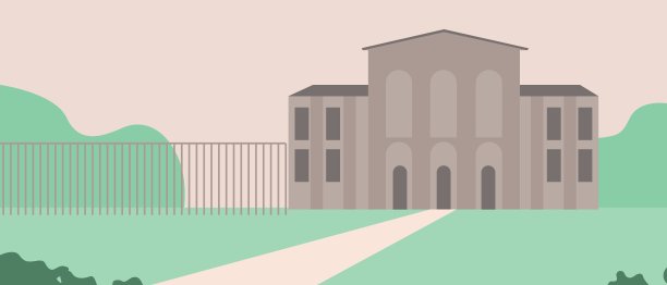 校园有草坪，没有人，平面矢量库存插图，外部建筑作为复制空间模板图片下载