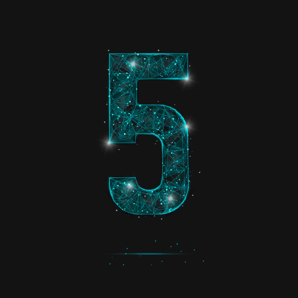 抽象孤立的蓝色图像的数字5。多边形图看起来像黑色夜空中的星星或飞的玻璃碎片。数字设计网站，网页，互联网。图片下载