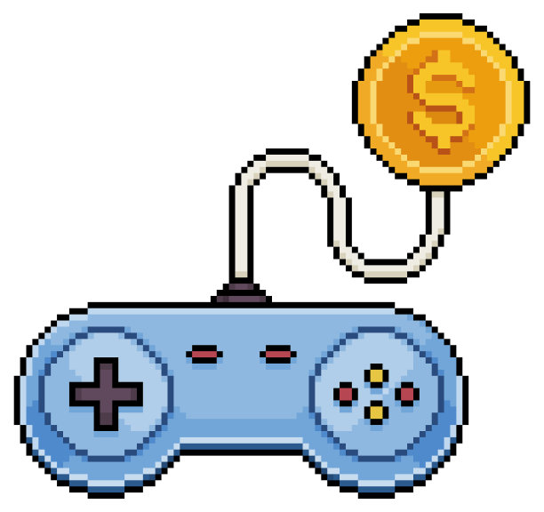 像素艺术操纵杆和硬币矢量图标的8位游戏在白色背景图片下载