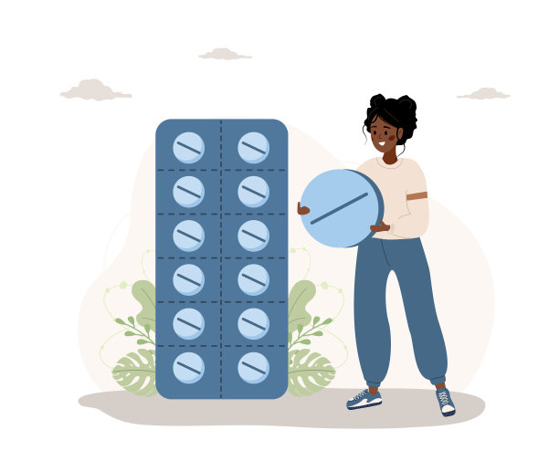 非洲妇女服用大药丸。药物在水泡。抗抑郁药、维生素和激素药物。药理学和医疗。矢量插图在平面卡通风格图片下载