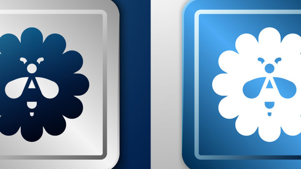 白色蜜蜂在花图标孤立在蓝色和灰色图片下载