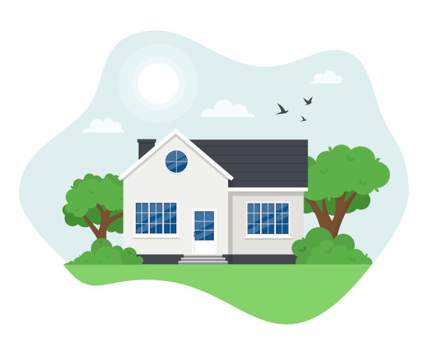 房子外观。小别墅，现代建筑。房地产的概念。大楼的正面。孤立平面图矢量图片下载