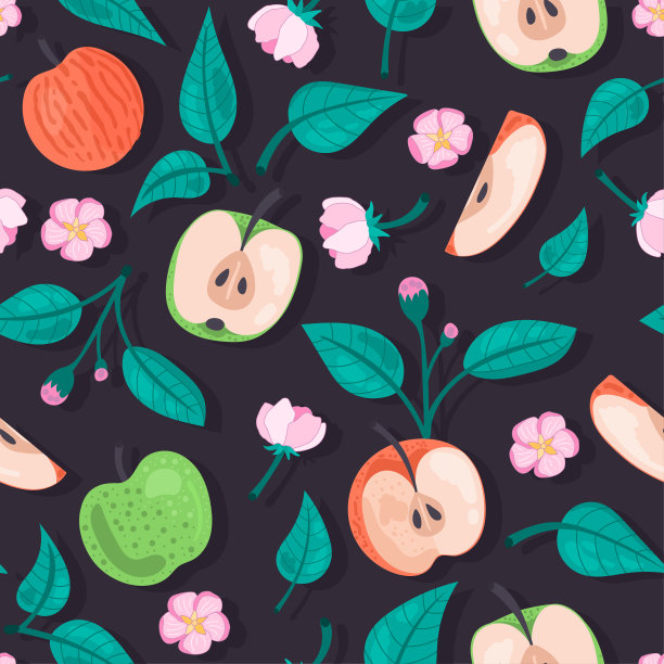 美丽的无缝模式。黑色背景上的苹果、树叶和花朵。图片下载