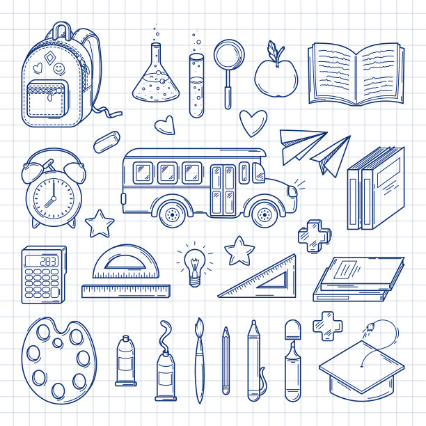 回到学校。大集合的涂鸦图片，校车和用品素描风格，。孤立在方格背景图片下载