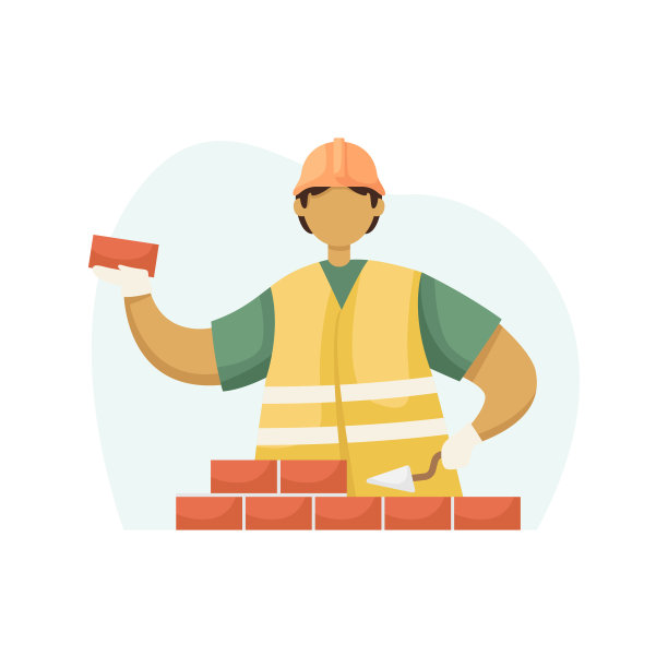 矢量插图的男性建设者在头盔铺设砖。平的风格图片下载