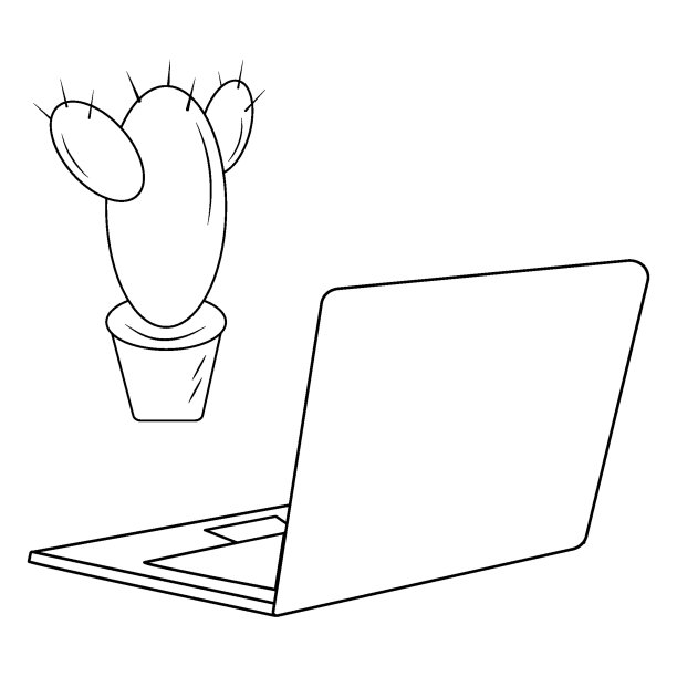 轮廓集的等距笔记本电脑和仙人掌在一个透明的背景。隔离。贴纸。图标图片下载