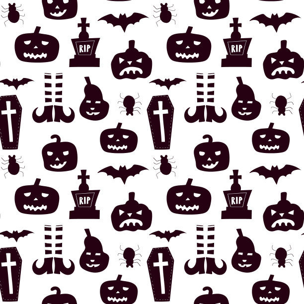 无缝图案与南瓜，棺材和万圣节符号。手绘矢量插图。图片下载